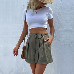 Women's new casual green shorts with belt for women