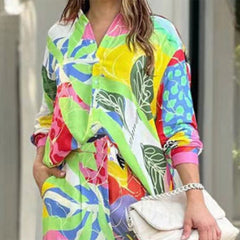 A-Z Women's New Polo Collar Long Sleeve Printed Loose Shirt Casual Set