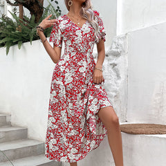 Fashion Women's Red Print Temperament Dress