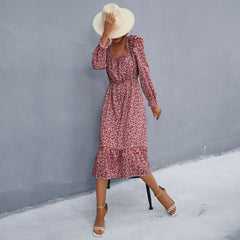 Women's new long sleeve floral square neck dress