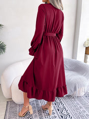 Women's New Style V-Neck Lace Waist Ruffle Edge Long Dress