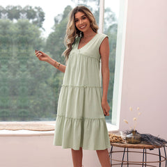 Women's new green cotton linen loose fitting dress