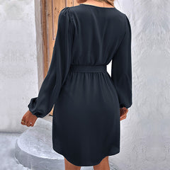 Women's New Solid V-Neck Long Sleeve Dress