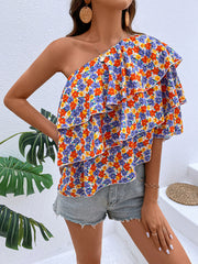 A-Z women's new floral diagonal shoulder ruffled playful top