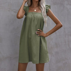 Women's New Loose Ruffle Solid Cotton Hemp Dress