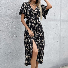 Women's New Black Short Sleeve Printed French Dress