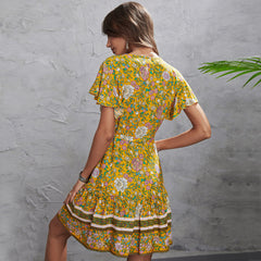 A-Z women's new yellow printed V-neck large swing short sleeved dress
