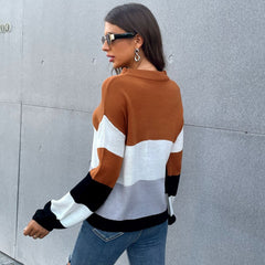 Women's new round neck long sleeve color contrast sweater