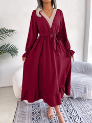 Women's New Style V-Neck Lace Waist Ruffle Edge Long Dress