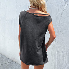 Women's New Summer Solid Cut Out Loose T-shirt