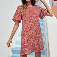 Women's New Red Flower Flare Sleeves Slim Fit Dress