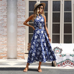 Women's new printed blue neck dress