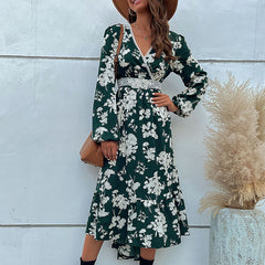 Women's New Ruffle Long Sleeve Printed Irregular Dress