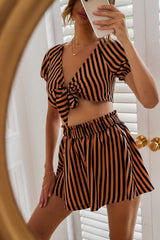 Women's New Brown Black Stripe Lace Up Short Skirt Set