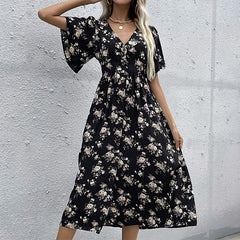 Women's New Black Short Sleeve Printed French Dress