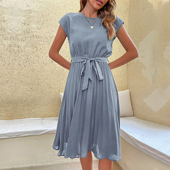 Women's new lace up solid pleated dress