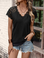 women's new V-neck short sleeve splicing lace sleeve blouse