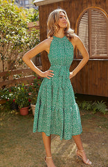 Women's New Summer Green Print Sleeveless Waist Wrapped Dress