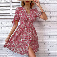 Summer Women's V-neck Printed Short Split Dress