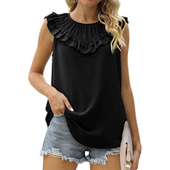 Women's New Sleeveless Chiffon Shirt Elegant Round Neck Pleated Top