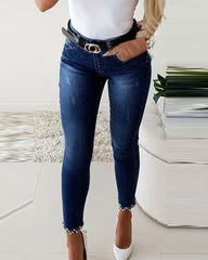 A-Z Women's New Slim Fit Show Legs Long Butterfly Sticky Flower Studded Jeans Pencil Pants Split Small Feet Pants