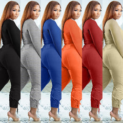 A-Z Women's New V-neck Solid Strap Pants Casual Two Piece Set