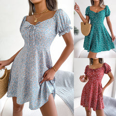 Women's new style sleeve drawstring lace up floral large swing dress