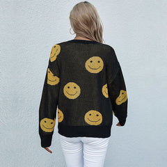 Women's new casual smiling face long sleeve black sweater