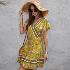 A-Z women's new yellow printed V-neck large swing short sleeved dress