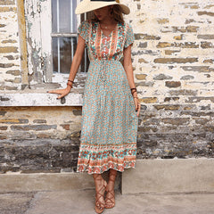 Women's New Vintage Print Green Slim Dress