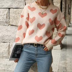 Women's new casual love long-sleeved pink sweater