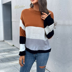 Women's new round neck long sleeve color contrast sweater