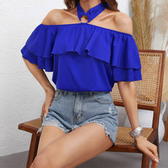 Women's new solid color neck style off shoulder ruffle top