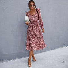 Women's new long sleeve floral square neck dress