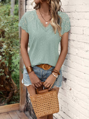 women's new V-neck short sleeve splicing lace sleeve blouse