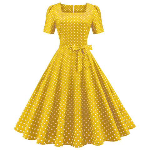 A-Z Women's New Square Neck Short Sleeve Polka Dot Print Waist Wrap Dress