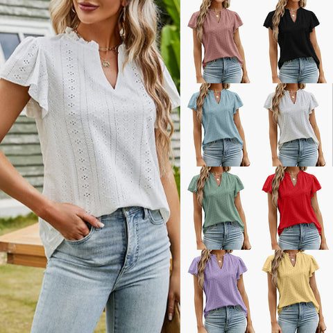 Women's New V-neck Double Ruffle Cut Out Short Sleeve Women's Casual T-shirt