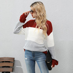 Women's new long sleeve color matching medium length sweater