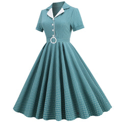 A-Z Women's New Neckline Open plaid Elastic Slim Fit Lace up Large Swing Mid length Vintage Dress