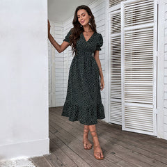 Women's new green printed medium length dress