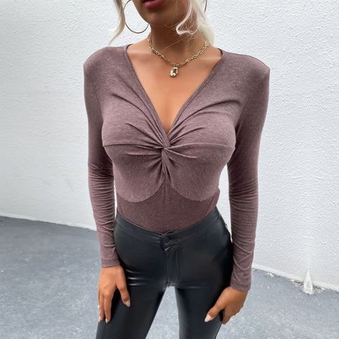 Women's new solid color long sleeve bodysuit