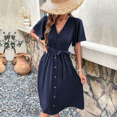 Women's waist closure temperament V-neck solid color dress for women