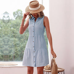 Women's new fashion pleated sleeveless blue dress