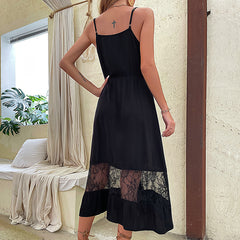 Women's new suspender sleeveless black lace patchwork dress