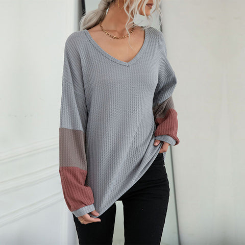 Women's new color contrast long sleeve gray V-neck sweater