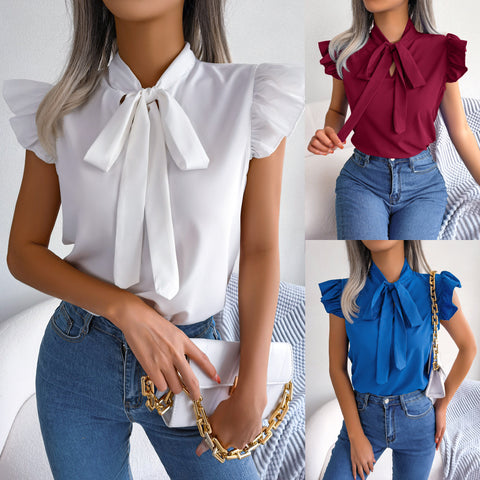 Women's new wooden ear lace up bow chiffon shirt