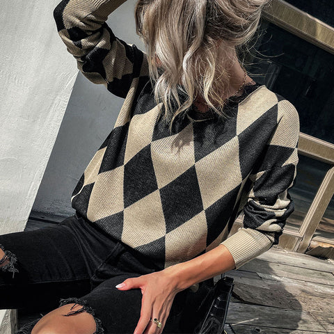 Women's new autumn and winter rhombus long-sleeved sweater