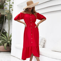 A-Z Women's New Red Ear Edge Off Shoulder Waist Wrap Dress