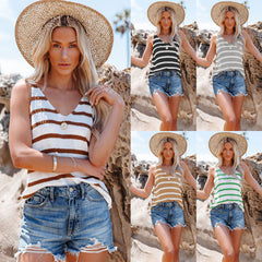 Women's new knitted stripe color contrast V-neck top