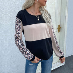 Women's new leopard pattern patchwork long sleeve T-shirt